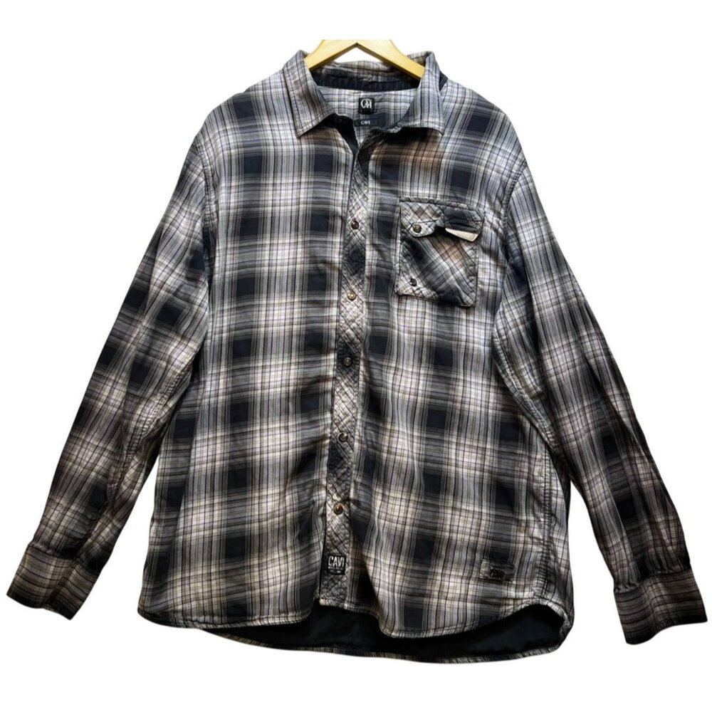 Cavi Men's Button Up Flannel Shirt Long Sleeve Size 4XL Gray White Plaid Pocket